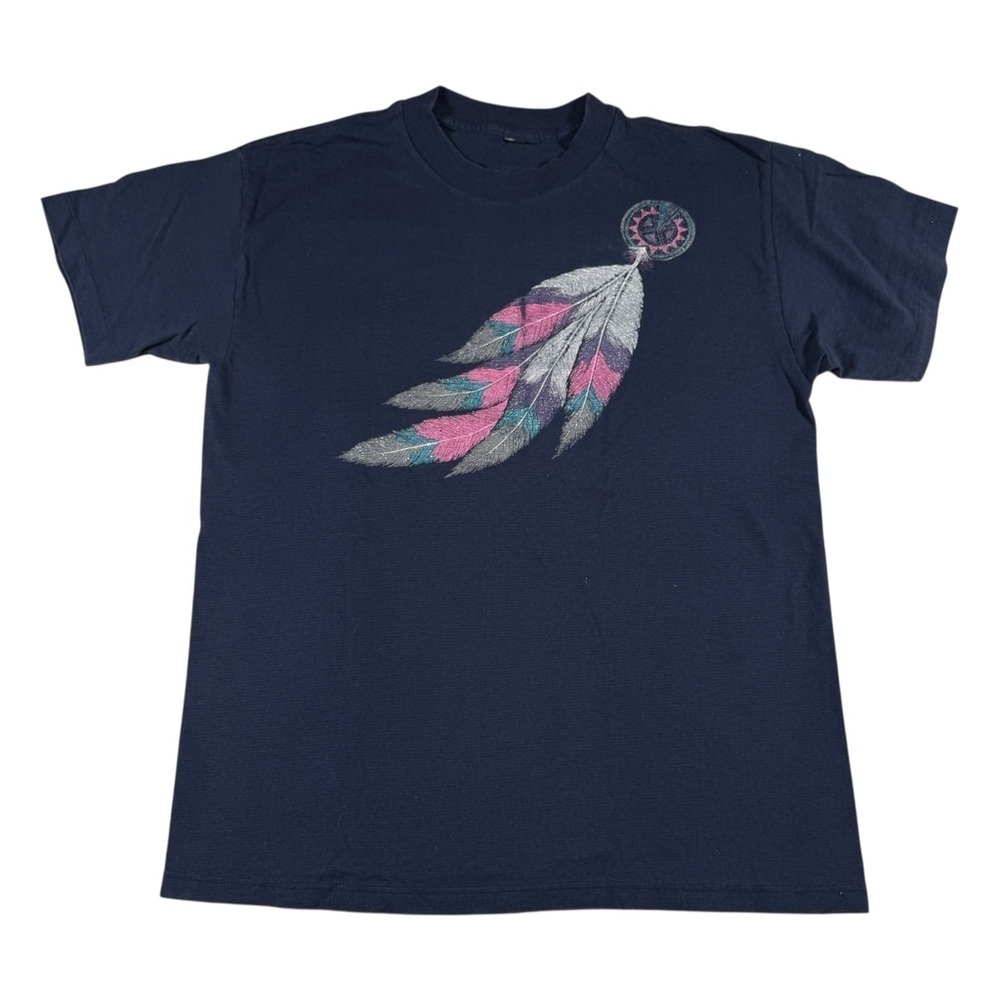 90s Vintage Boho Navy Blue Feather Glitter Graphic Tee Single Stitch